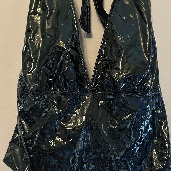 NWT WDIRARA Women's Deep V-Neck Halter-Top PU Leather Skinny Bodysuit Size S - Picture 9 of 16